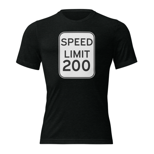 Black T-Shirt with white Speed Limit 200 graphic on front, by EXO PERFORMANCE.